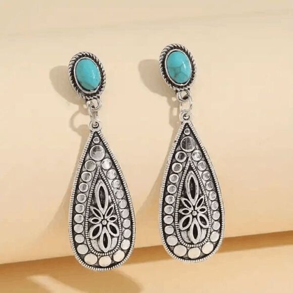Western Water Drop Silver Turquoise Dangle Earrings - Picture 6 of 6